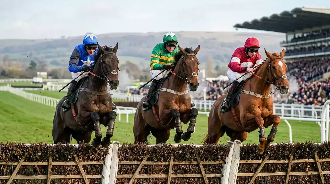 Jumps racing field crossing the final fence during the Cheltenham Festival in front of Prestbury Park grandstands