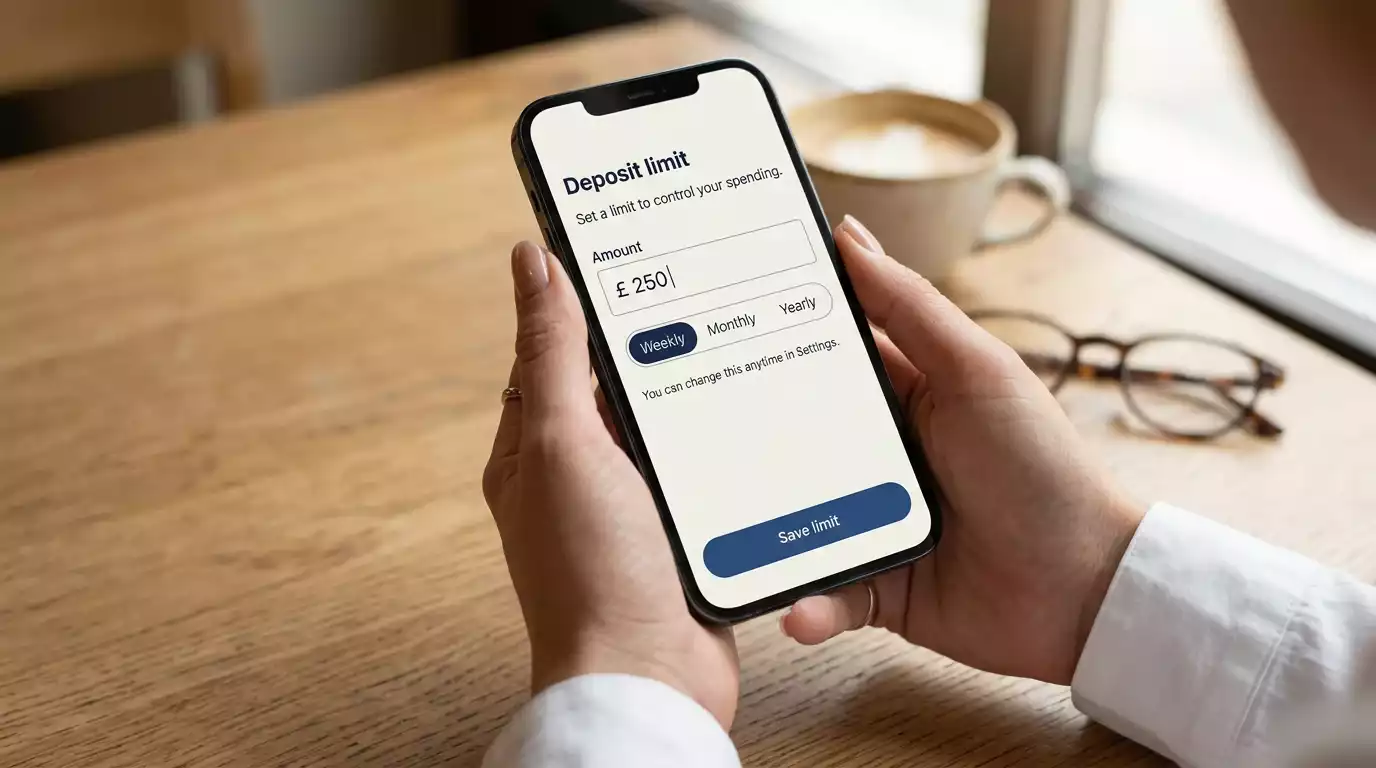 UK punter setting a weekly deposit limit on a mobile betting account responsible gambling screen