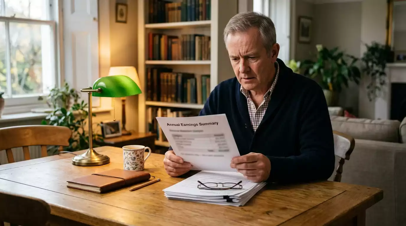 UK punter at a desk reviewing printed financial documents for an affordability check request